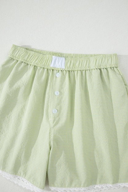 Gingham Plaid Button Lace Trim Boxer Shorts