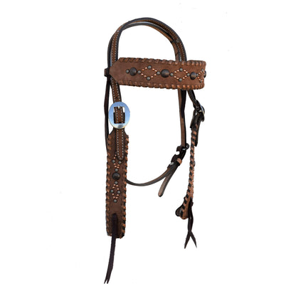 2012-CP 1-1/2" Straight cowboy browband headstall wide cut rough out chocolate leather with whip lace and spots