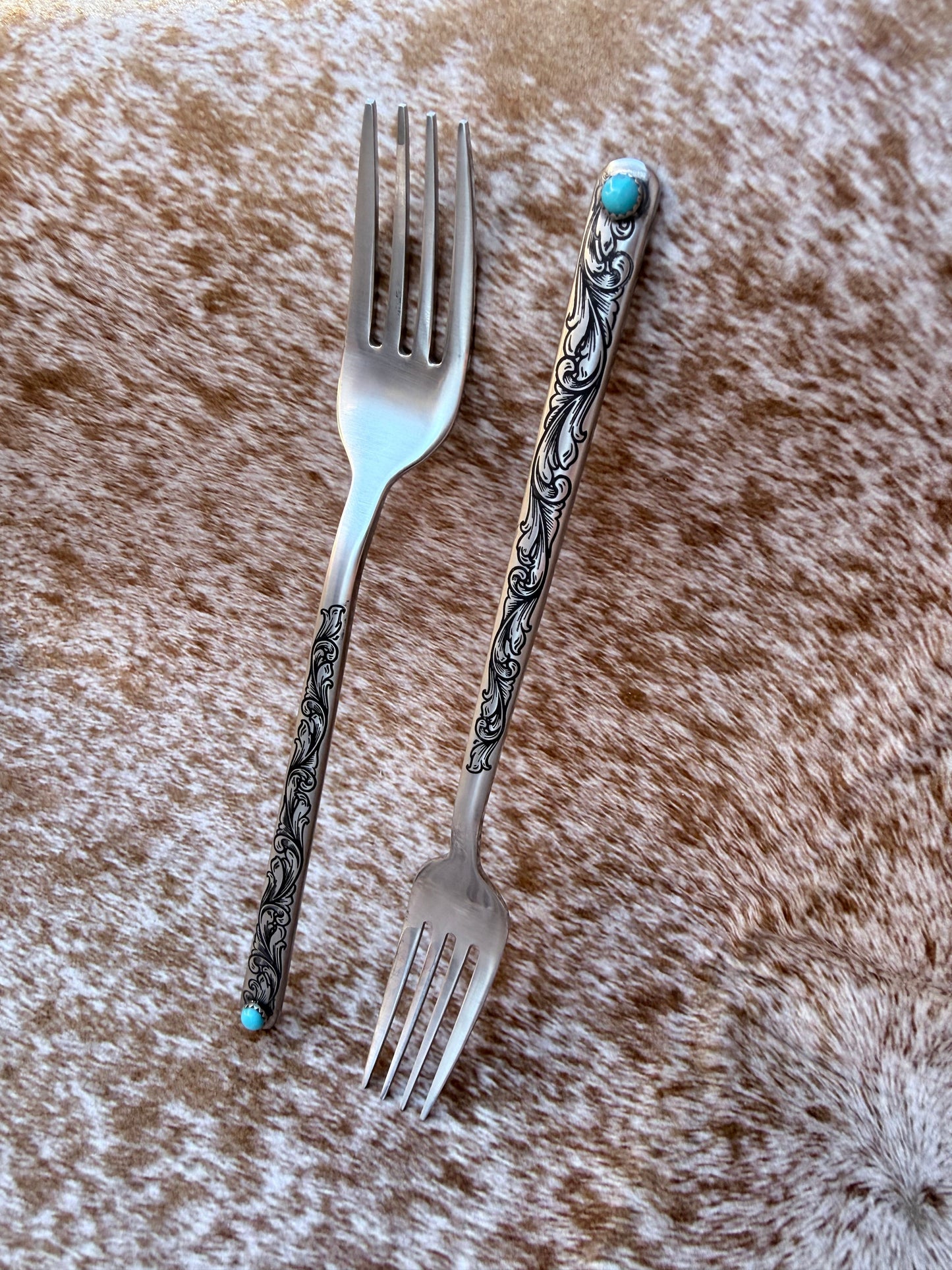 Wedding Cake Forks - Genuine Turquoise Engraved Fork Set | Ready to Ship