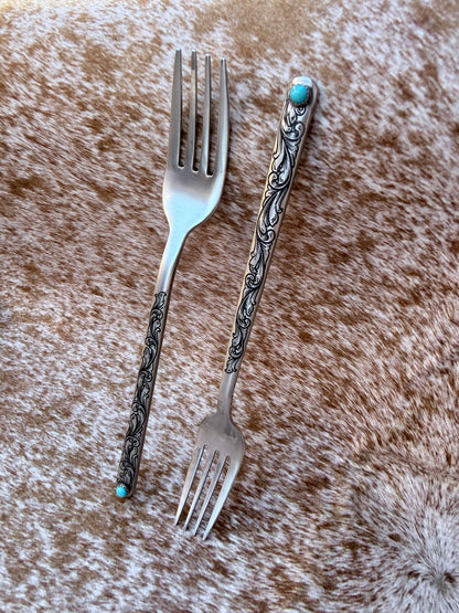Wedding Cake Forks - Genuine Turquoise Engraved Fork Set | Ready to Ship