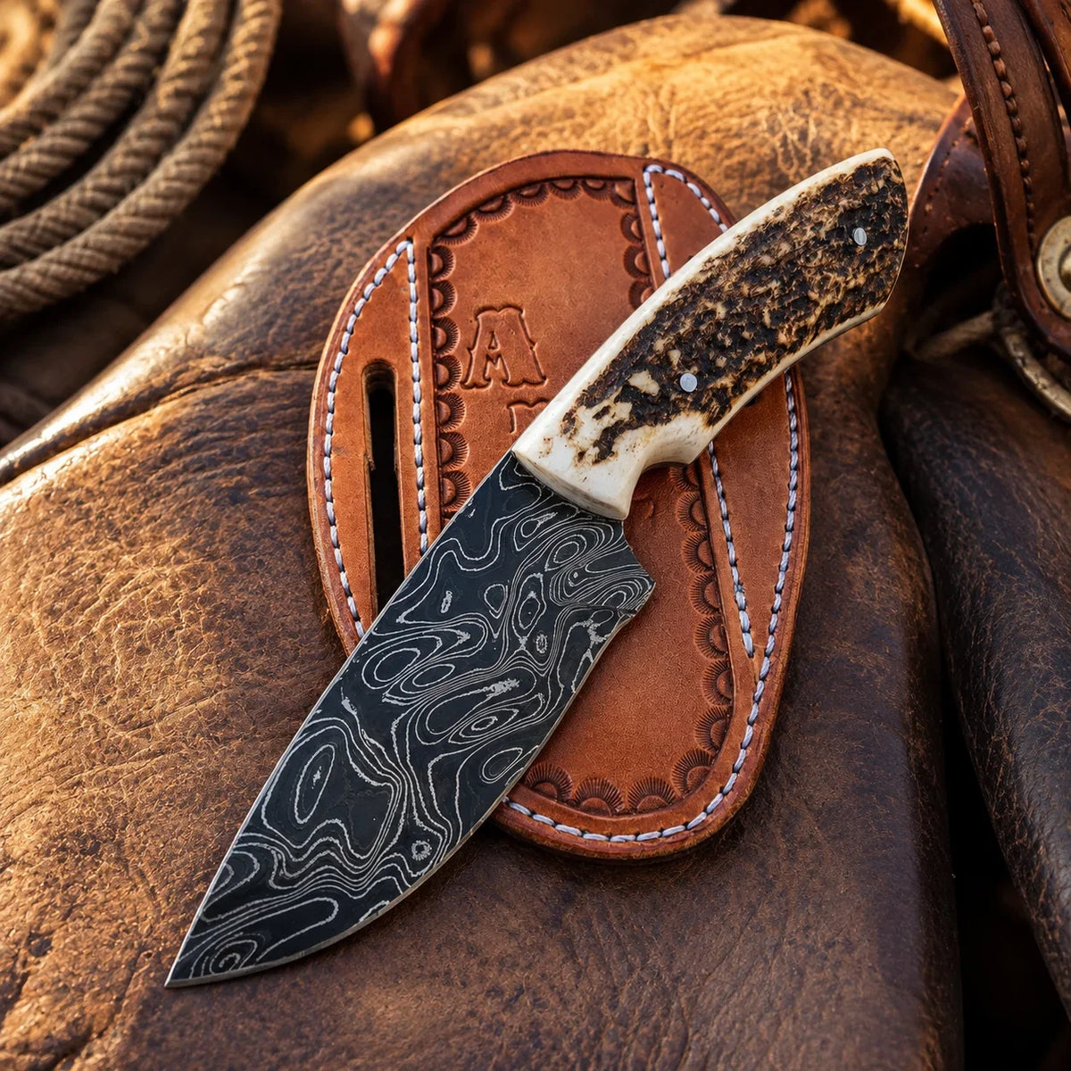 The Stag Frontier - Custom Handmade Damascus Steel Knife with Leather Sheath