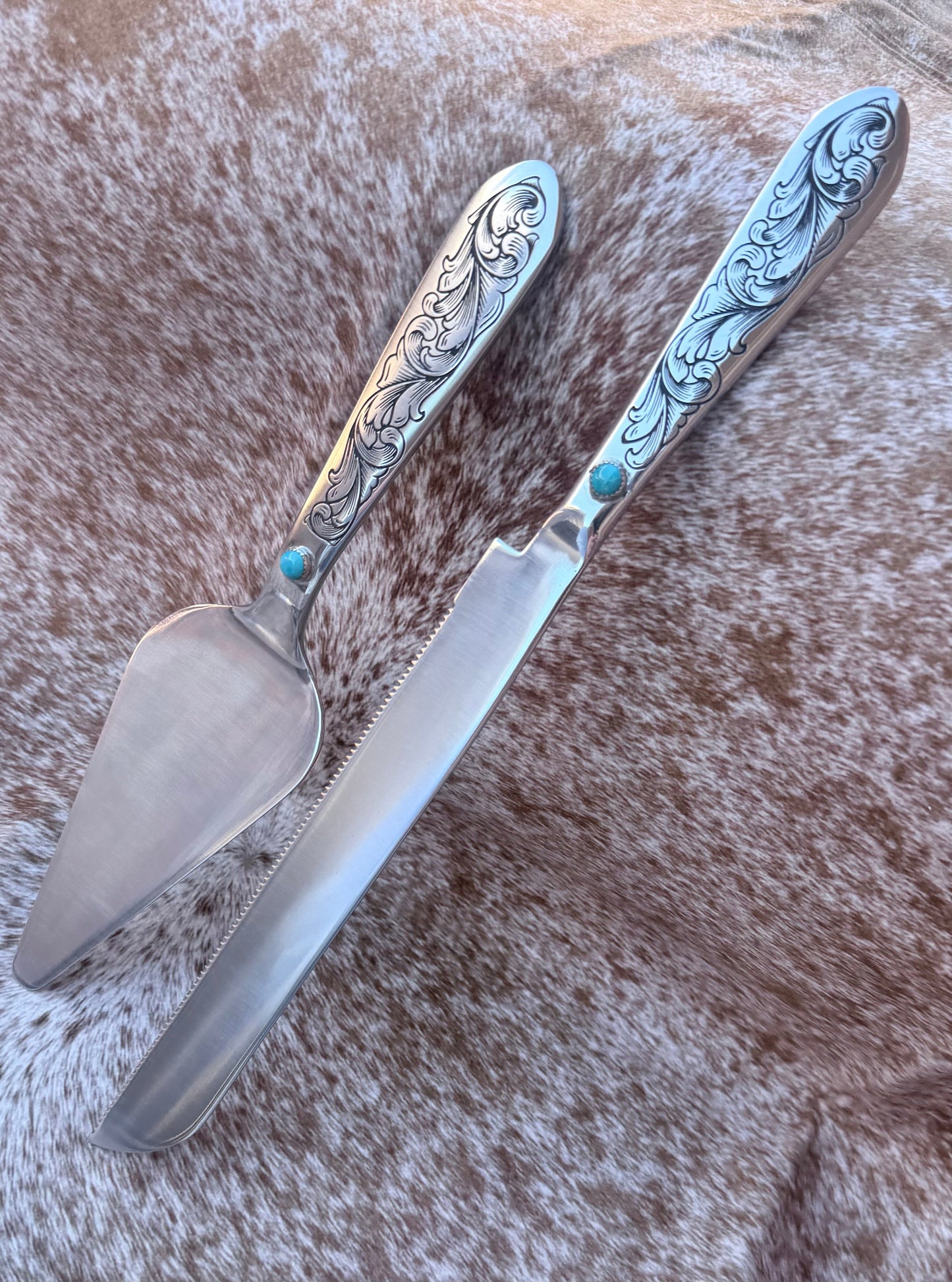Wedding Cake Serving Set | Genuine Turquoise Engraved Cake Knife and Server - Ready to Ship