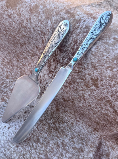Wedding Cake Serving Set | Genuine Turquoise Engraved Cake Knife and Server - Ready to Ship