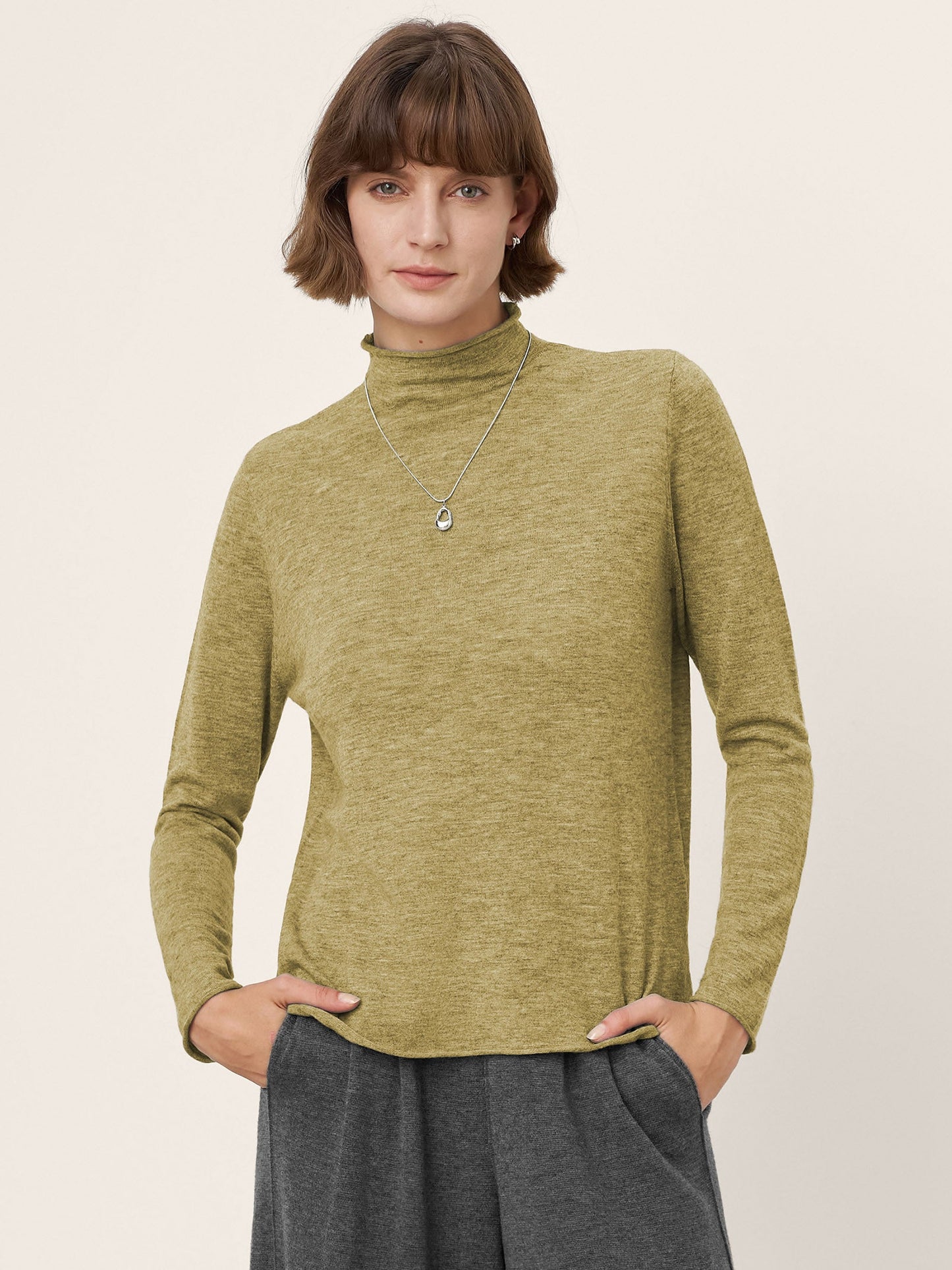 100% Extra-Fine Merino Wool Mock Neck Sweater with Rolled Edge ELA