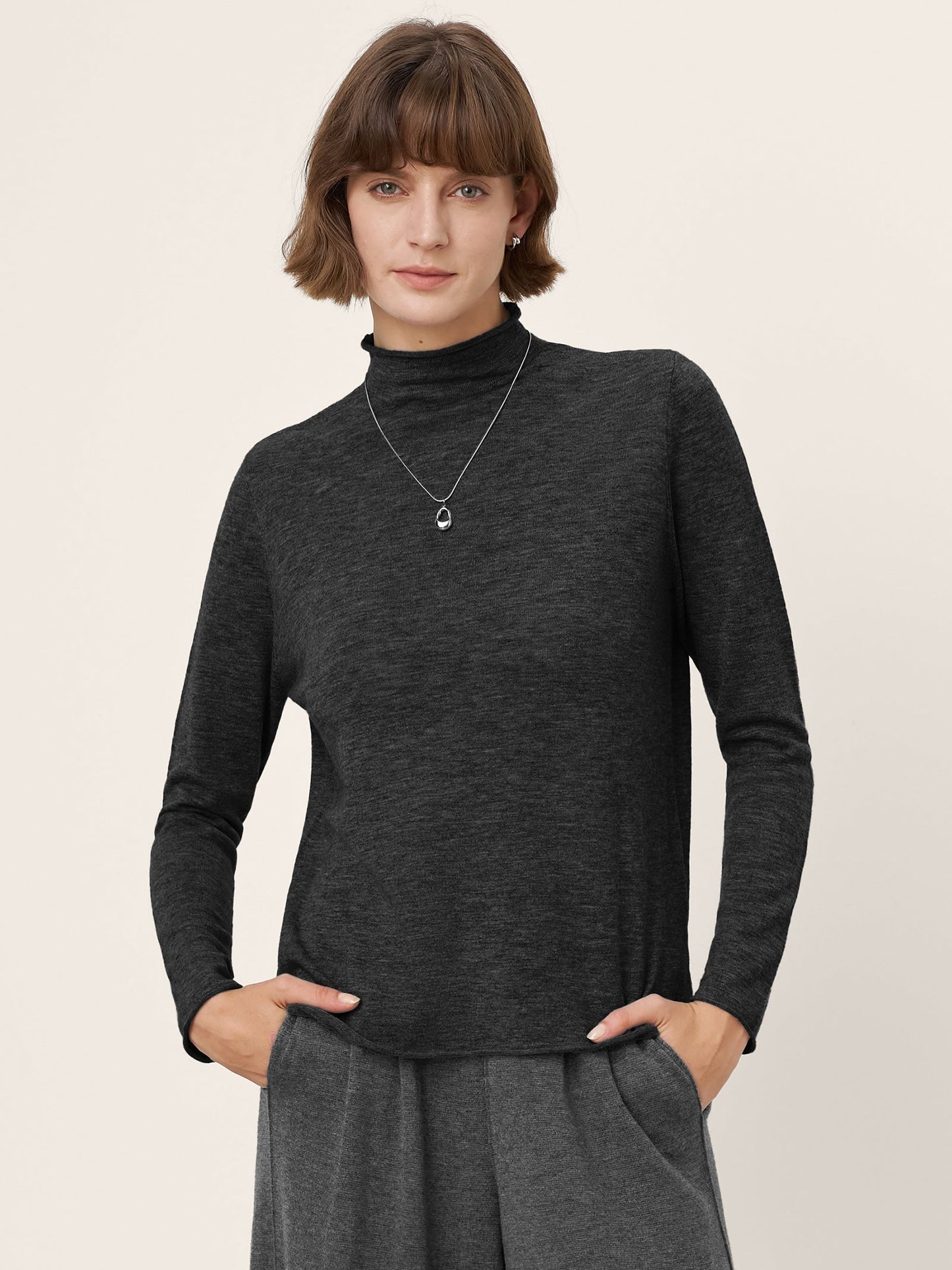 100% Extra-Fine Merino Wool Mock Neck Sweater with Rolled Edge ELA