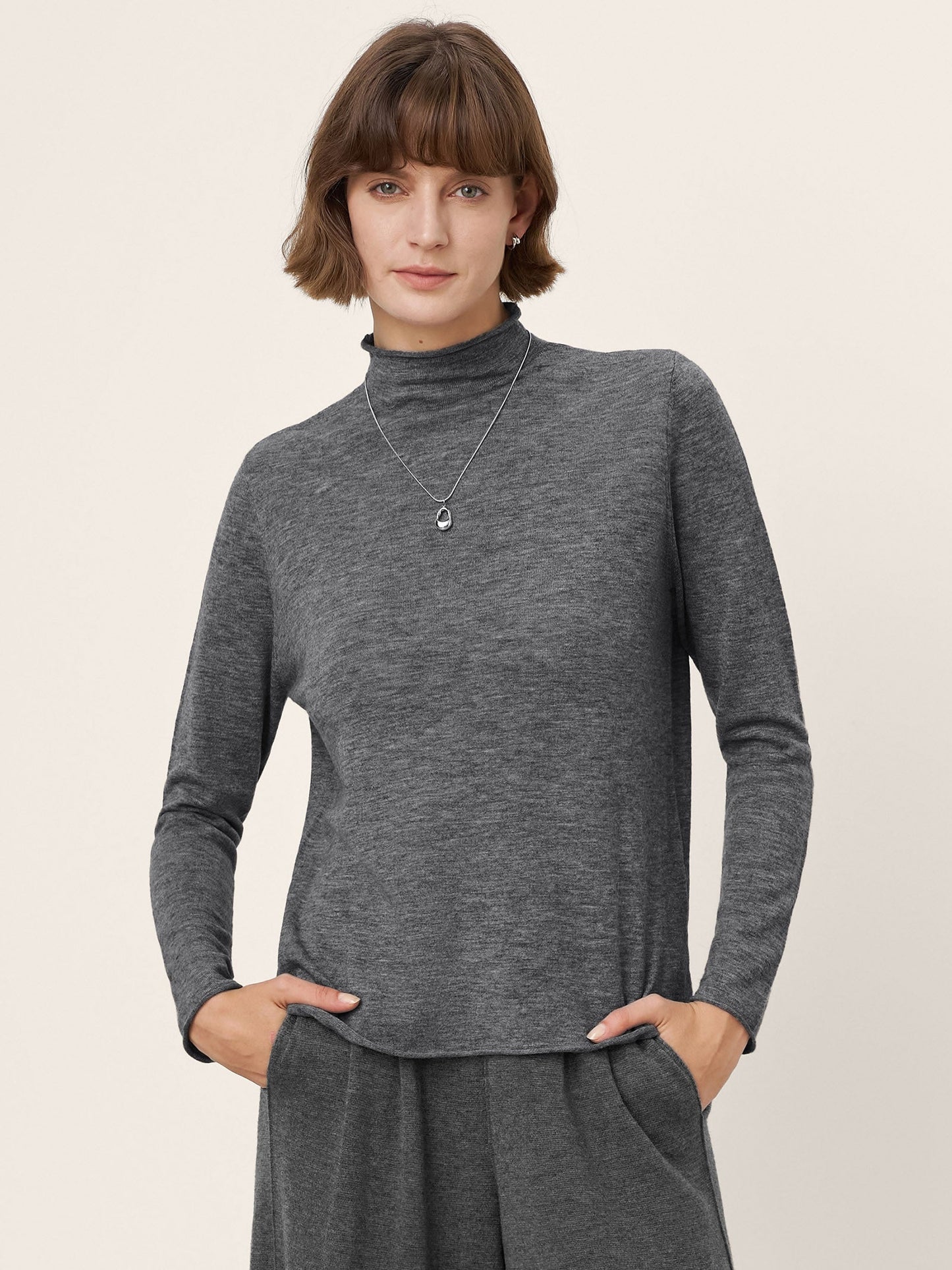 100% Extra-Fine Merino Wool Mock Neck Sweater with Rolled Edge ELA