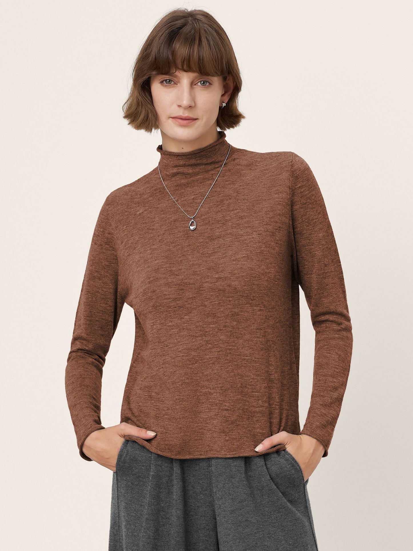 100% Extra-Fine Merino Wool Mock Neck Sweater with Rolled Edge ELA