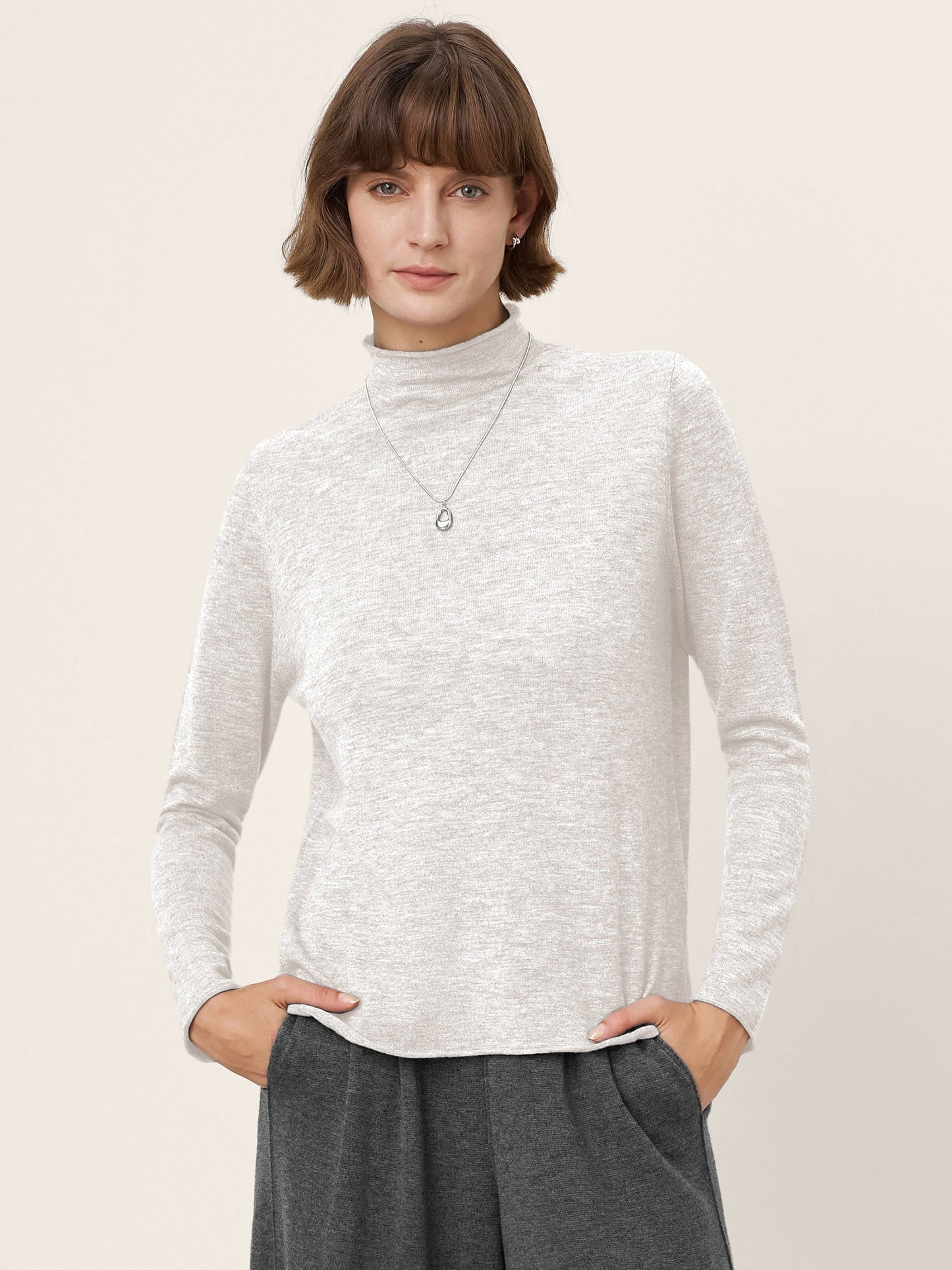 100% Extra-Fine Merino Wool Mock Neck Sweater with Rolled Edge ELA