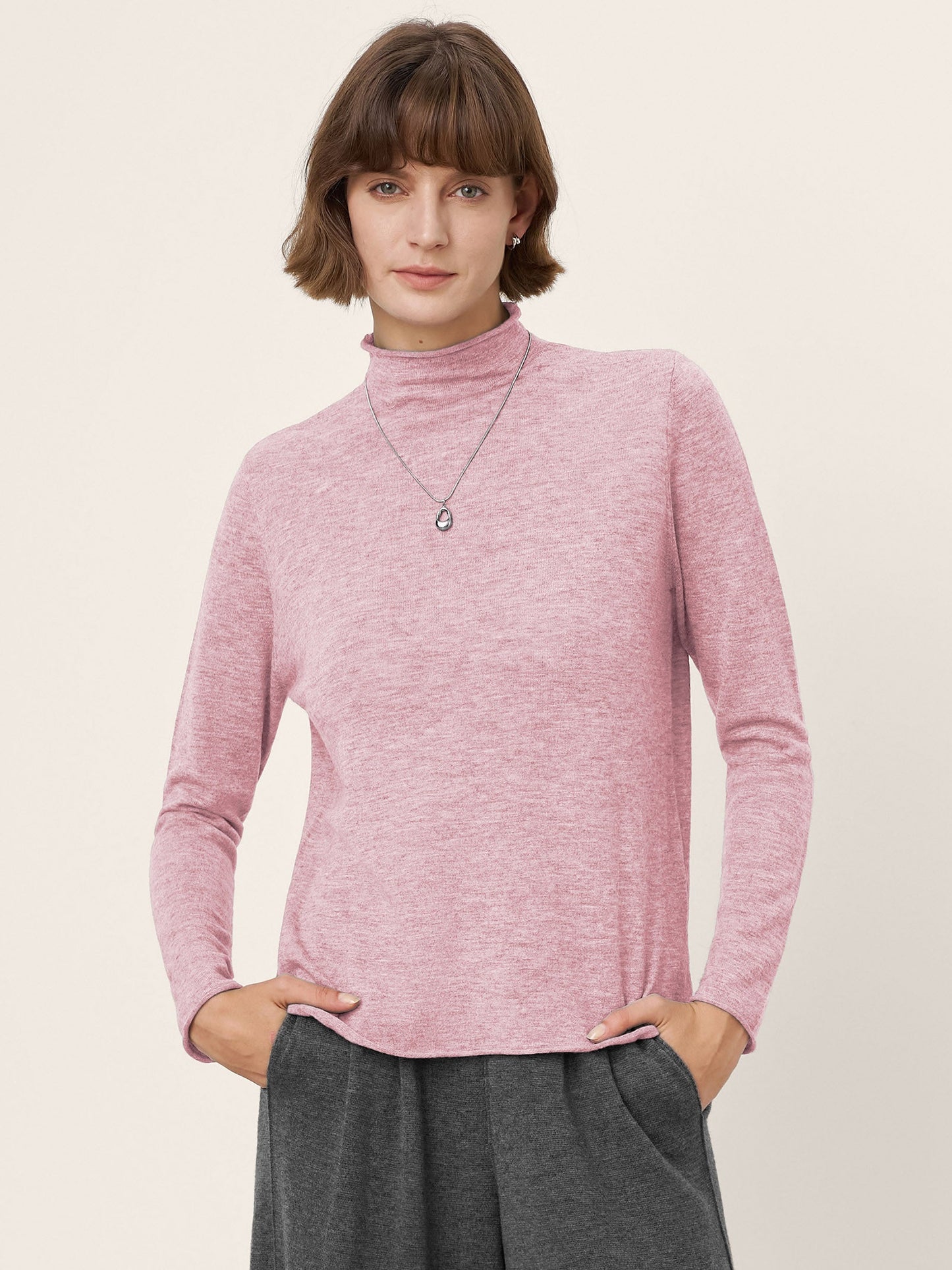 100% Extra-Fine Merino Wool Mock Neck Sweater with Rolled Edge ELA