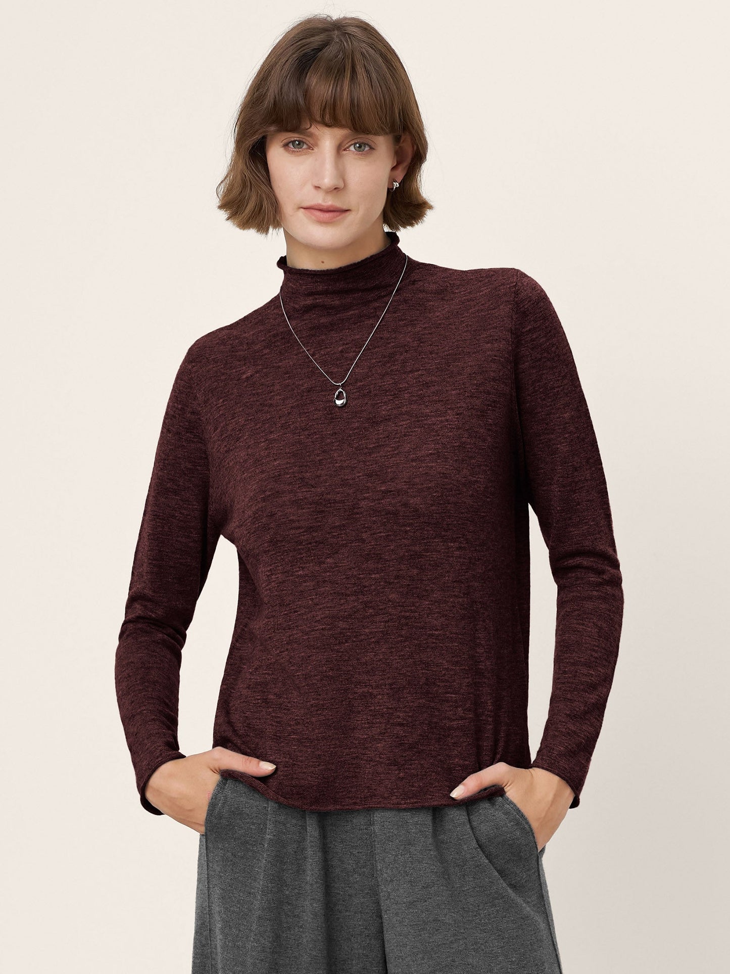 100% Extra-Fine Merino Wool Mock Neck Sweater with Rolled Edge ELA
