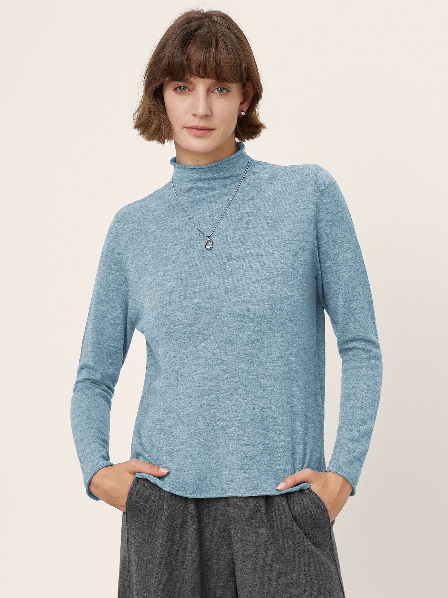 100% Extra-Fine Merino Wool Mock Neck Sweater with Rolled Edge ELA