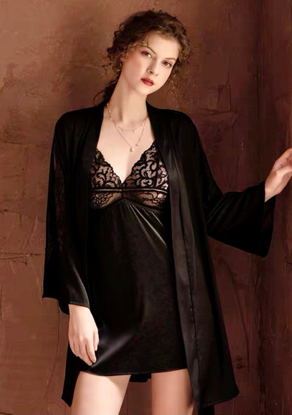 Luxurious Lace Satin Bridal Lingerie Set with Nightgown & Robe - 7 Colors Next Day Shipping