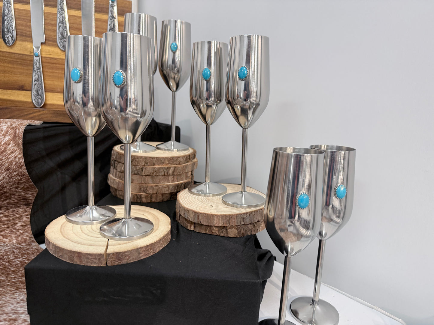 Kingman Turquoise Wedding Flutes - Genuine Turquoise Champagne Glasses (Ready to Ship)