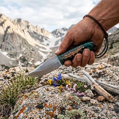 Rasp Steel Western Ranch Knife – Green Pine Cone Resin Handle with Leather Sheath