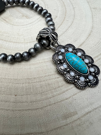 Western Faux Pearl, Concho & Faux Turquoise Stretch Bracelet