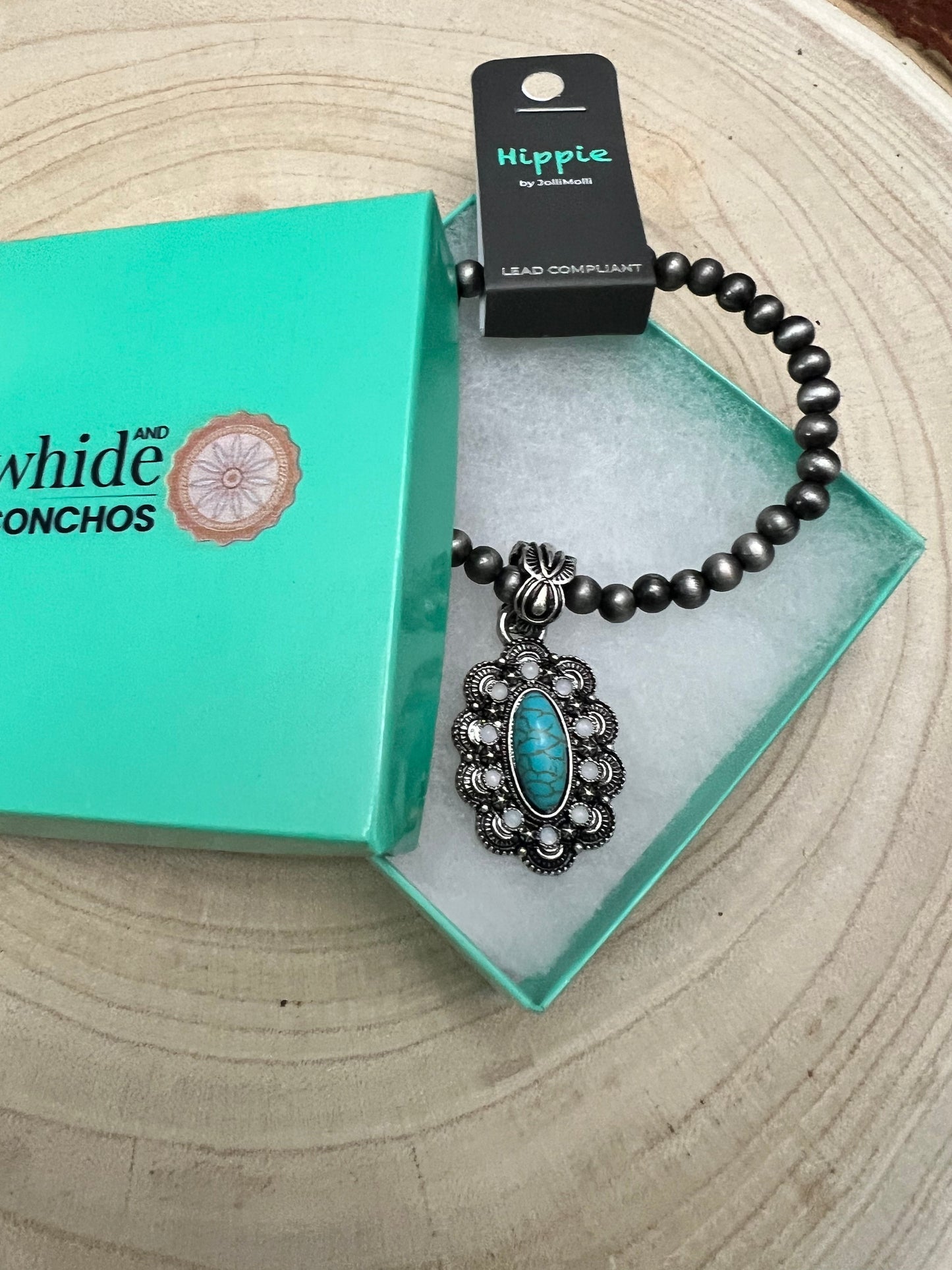 Western Faux Pearl, Concho & Faux Turquoise Stretch Bracelet