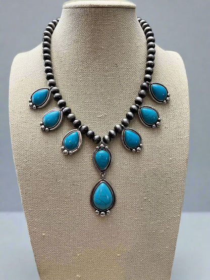 Western Teardrop Faux Turquoise & Sterling Pearl Necklace — 16 Inch Southwestern Pendant
