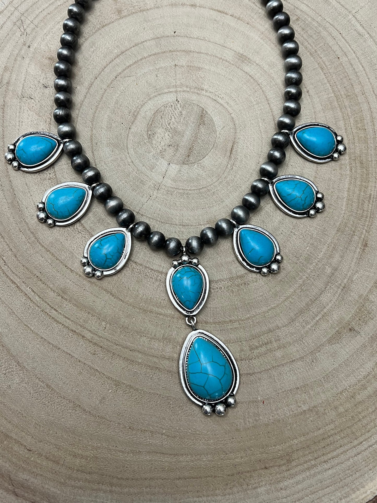 Western Teardrop Faux Turquoise & Sterling Pearl Necklace — 16 Inch Southwestern Pendant