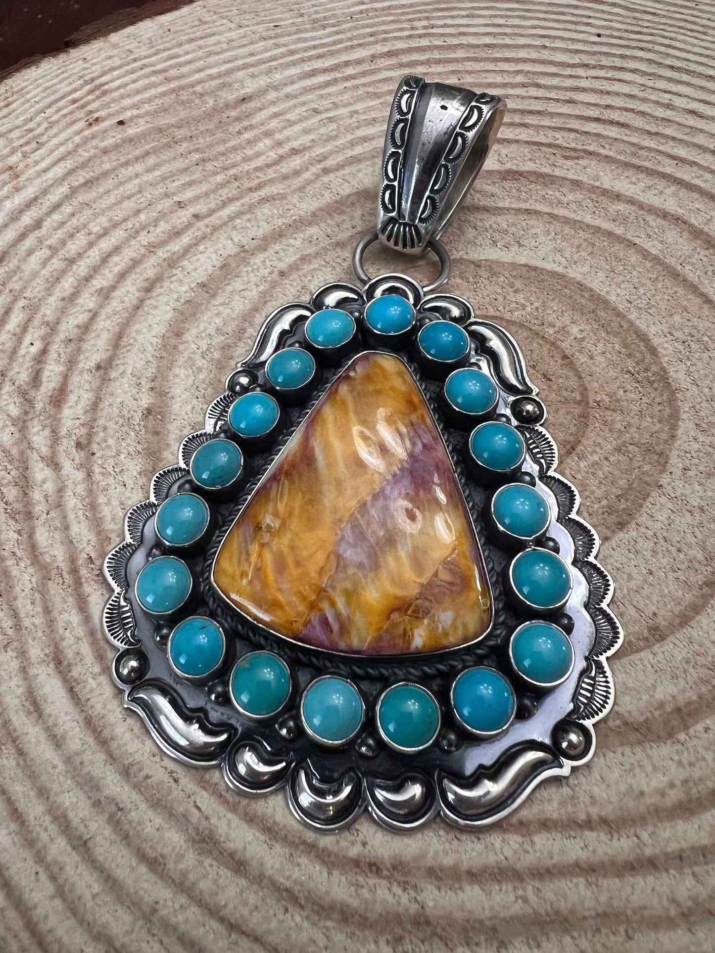 Roland Dixson Navajo Sterling Silver Statement Pendant — Spiny Oyster & Turquoise (5"×3", Signature Stamp)