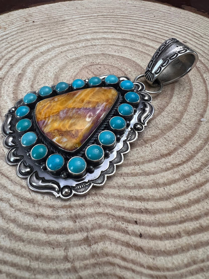 Roland Dixson Navajo Sterling Silver Statement Pendant — Spiny Oyster & Turquoise (5"×3", Signature Stamp)