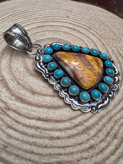 Roland Dixson Navajo Sterling Silver Statement Pendant — Spiny Oyster & Turquoise (5"×3", Signature Stamp)