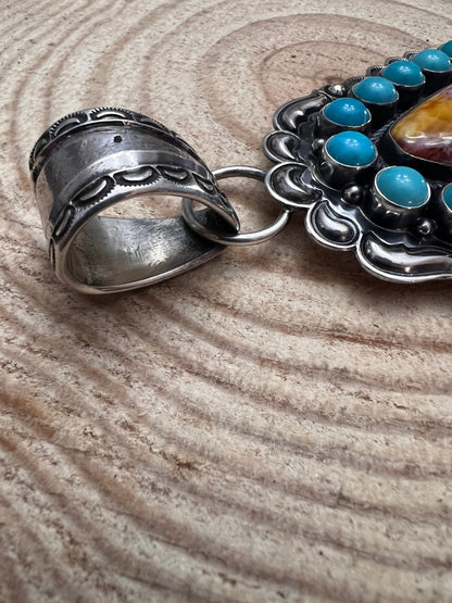 Roland Dixson Navajo Sterling Silver Statement Pendant — Spiny Oyster & Turquoise (5"×3", Signature Stamp)