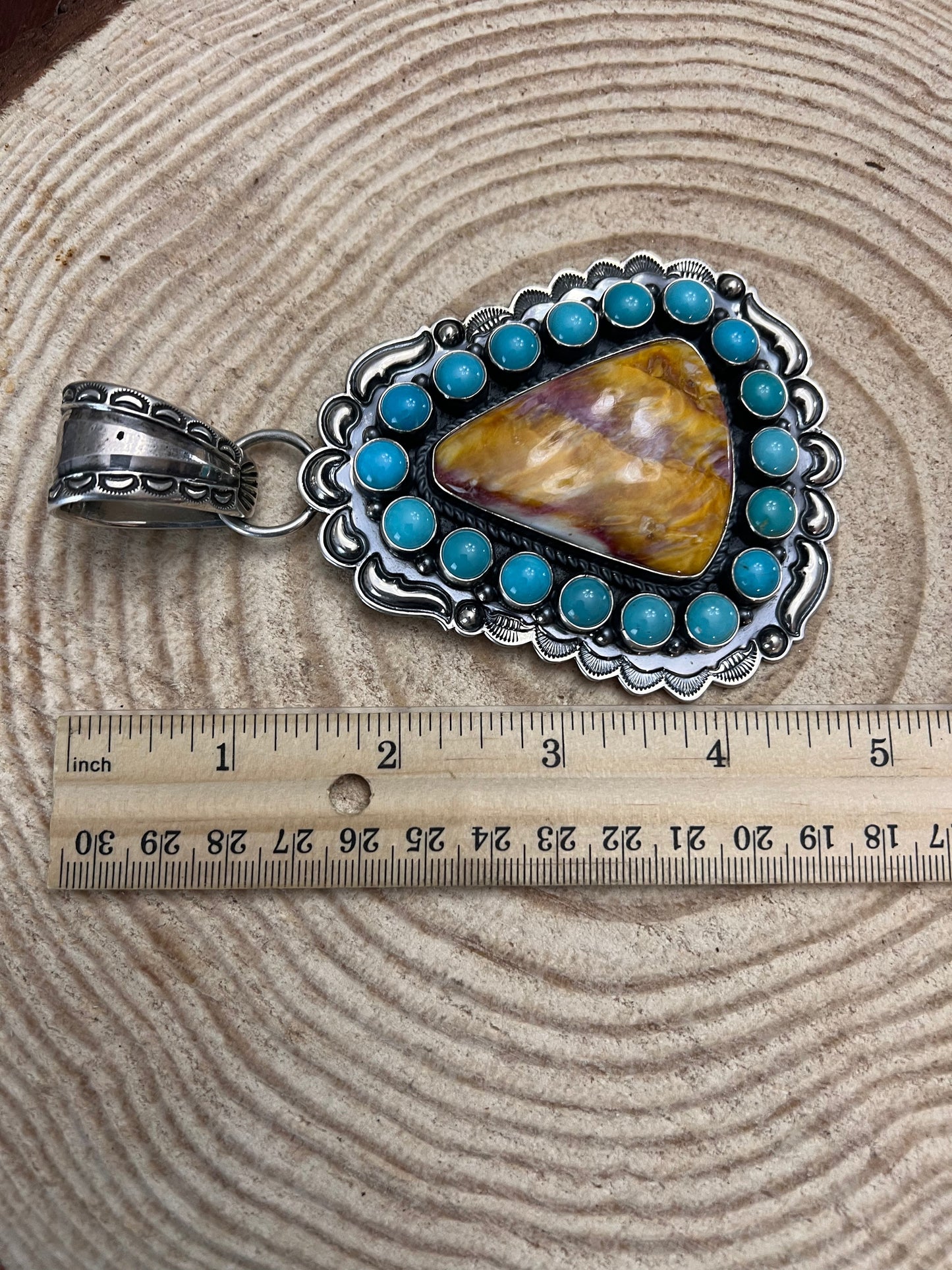 Roland Dixson Navajo Sterling Silver Statement Pendant — Spiny Oyster & Turquoise (5"×3", Signature Stamp)