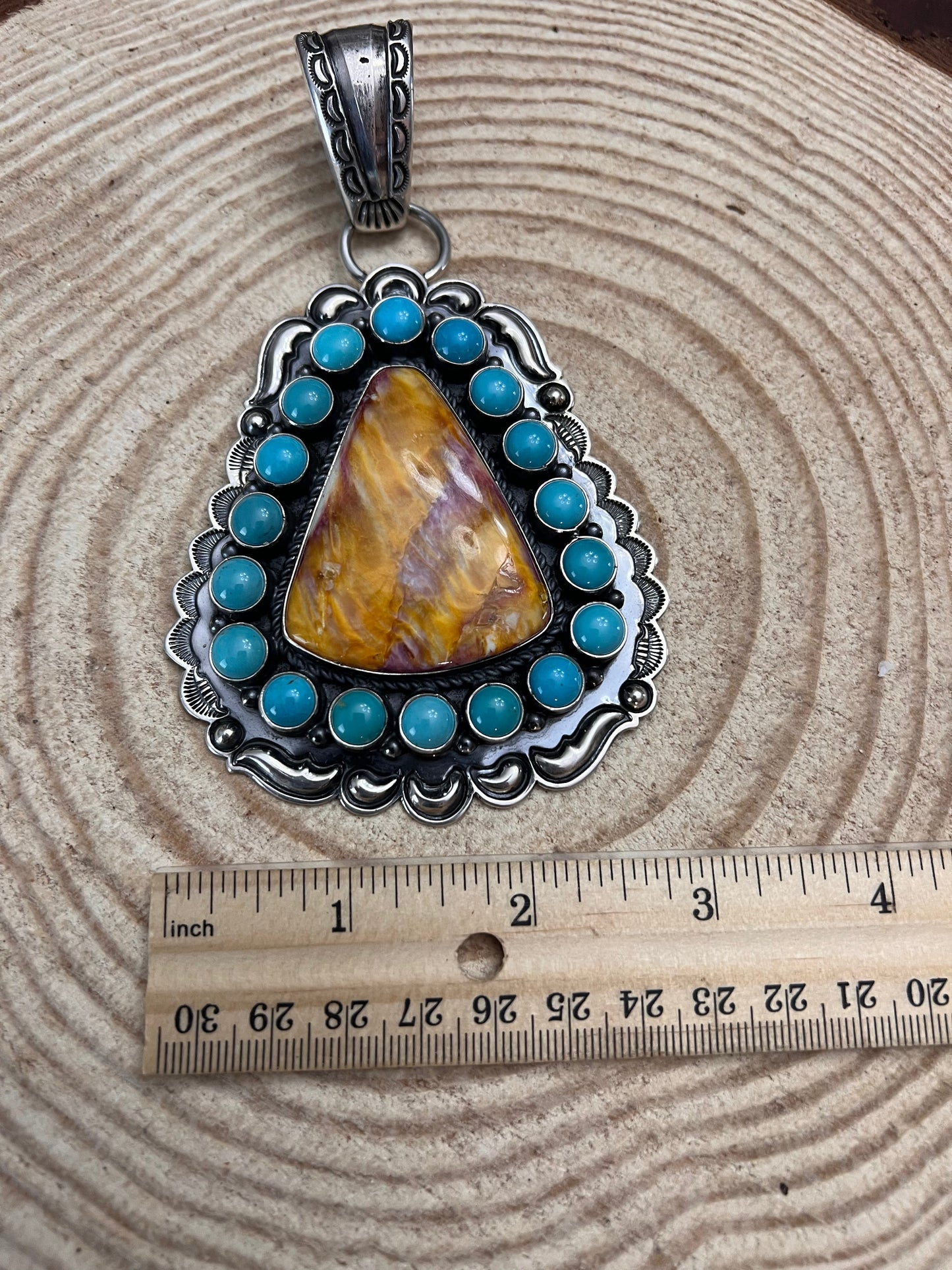 Roland Dixson Navajo Sterling Silver Statement Pendant — Spiny Oyster & Turquoise (5"×3", Signature Stamp)