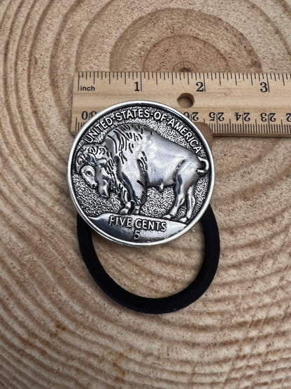 Western Large Buffalo Coin Hair Tie — 2" Faux Buffalo Coin Charm