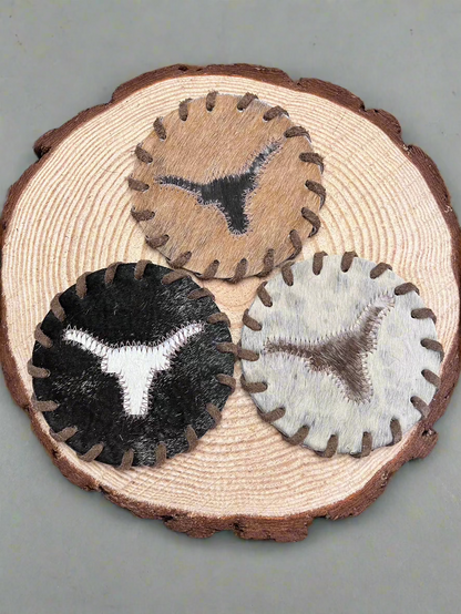 Longhorn Cowhide Coaster with Laced Border — Genuine Hair-On Hide (Sold Individually)
