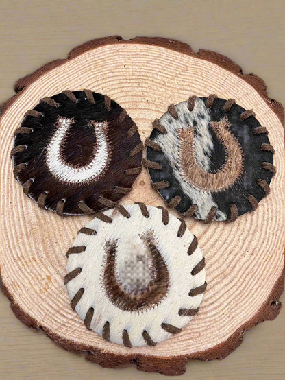 Horse Shoe Cowhide Coaster with Laced Border — Genuine Hair-On Hide (Sold Individually)