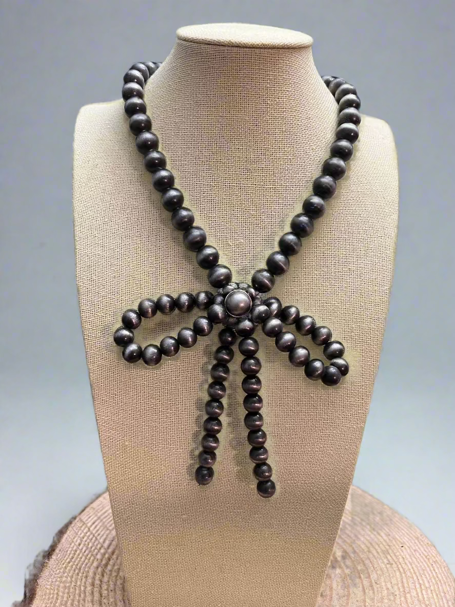 Western Faux Bow Pearl Necklace — 10mm Faux Sterling Pearls (16 Inch)