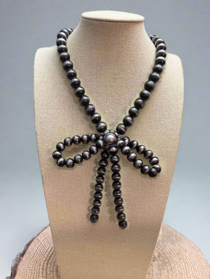 Western Faux Bow Pearl Necklace — 10mm Faux Sterling Pearls (16 Inch)