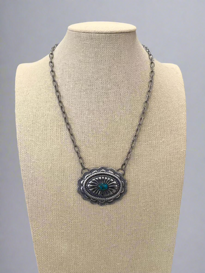Sterling Silver Concho & Kingman Turquoise Western Statement Necklace — 18"