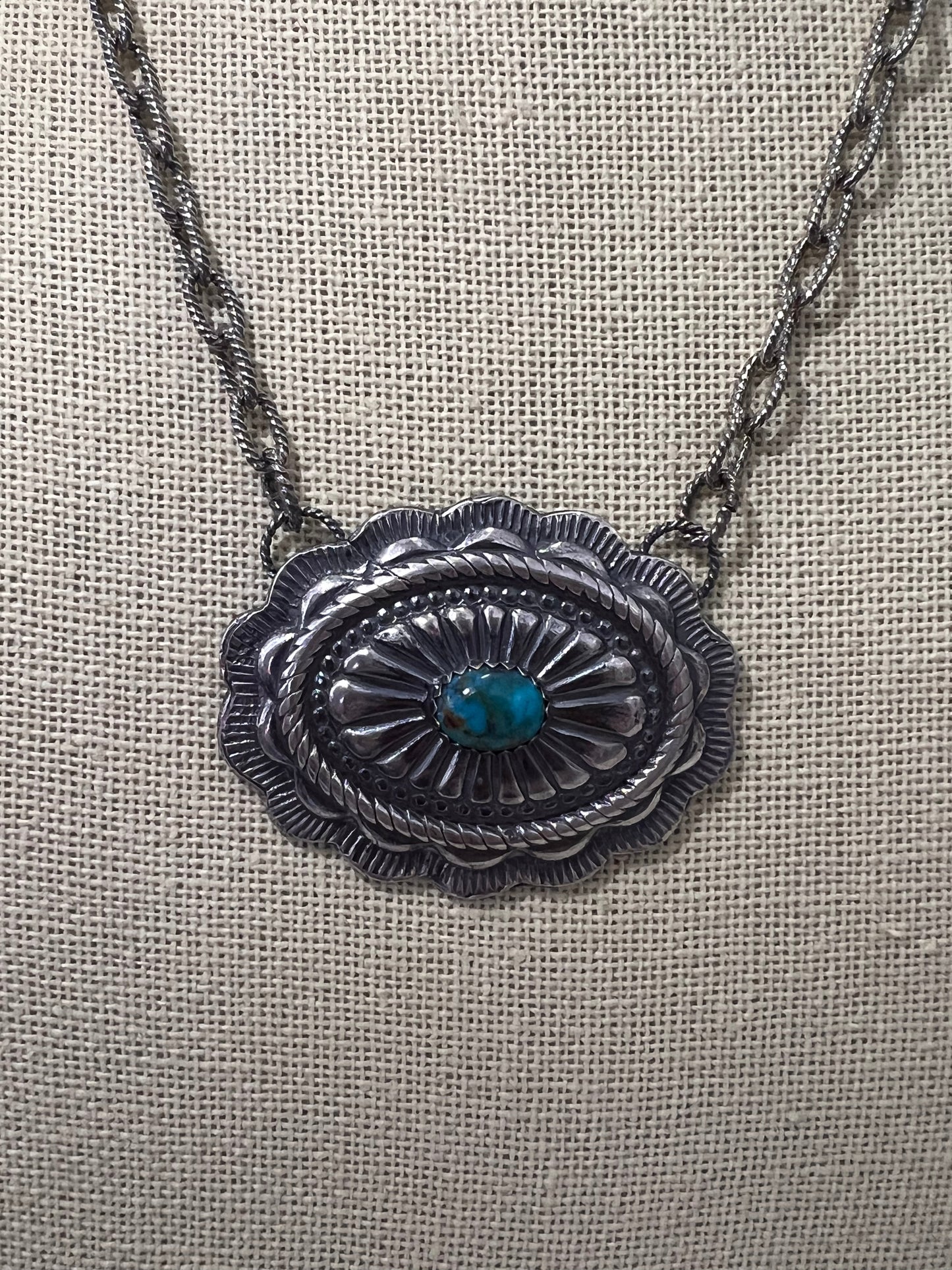 Sterling Silver Concho & Kingman Turquoise Western Statement Necklace — 18"