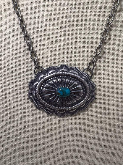 Sterling Silver Concho & Kingman Turquoise Western Statement Necklace — 18"