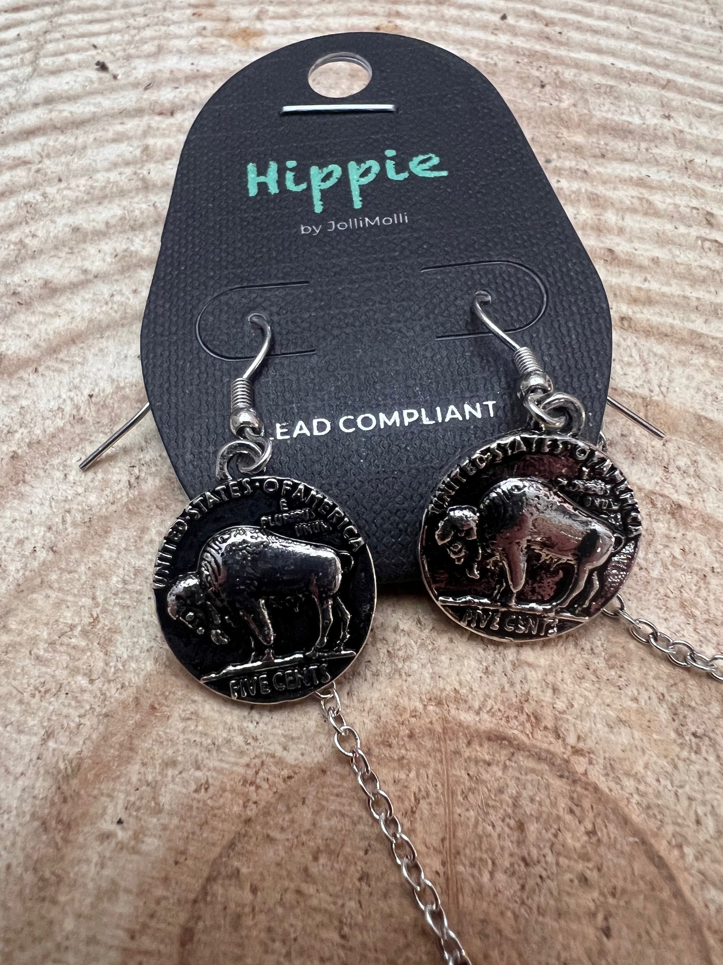 Western Petite Buffalo Coin Necklace & Earring Set — Burnished Silver Western Duo (18 Inch)