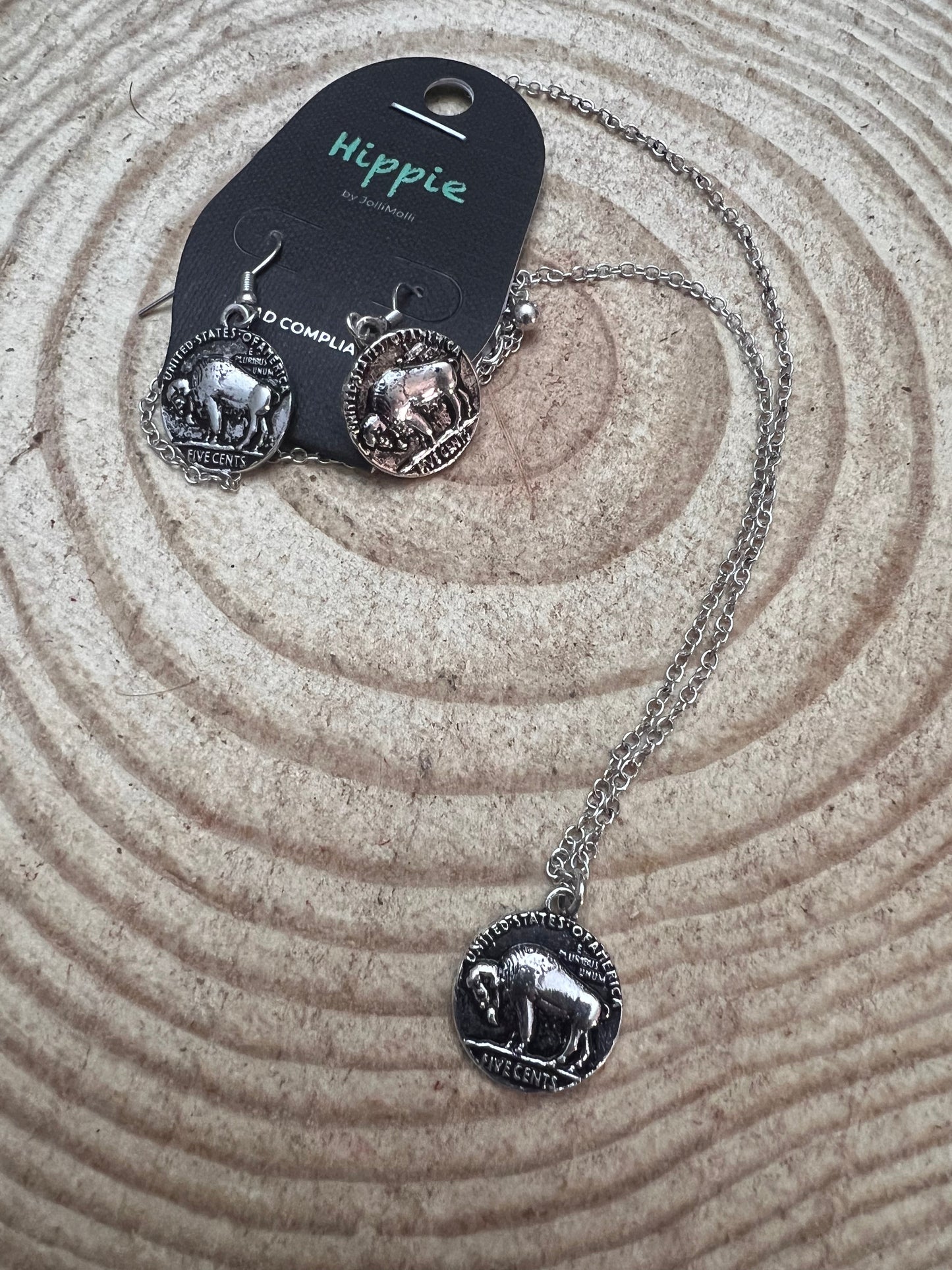 Western Petite Buffalo Coin Necklace & Earring Set — Burnished Silver Western Duo (18 Inch)