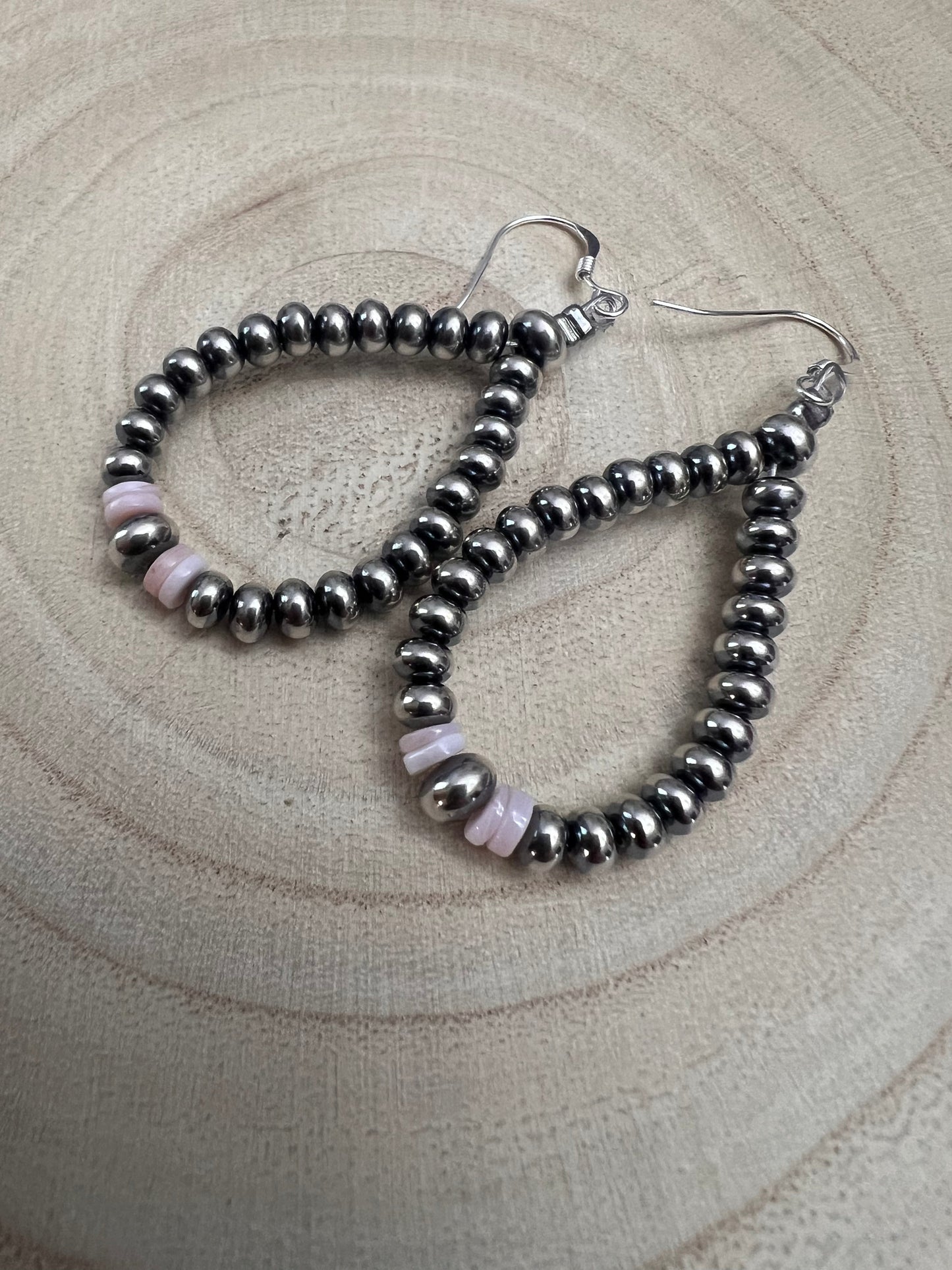 Smaller Sterling Pearl Saucer Teardrop Earrings with Pink Conch — 2.5 inch drop