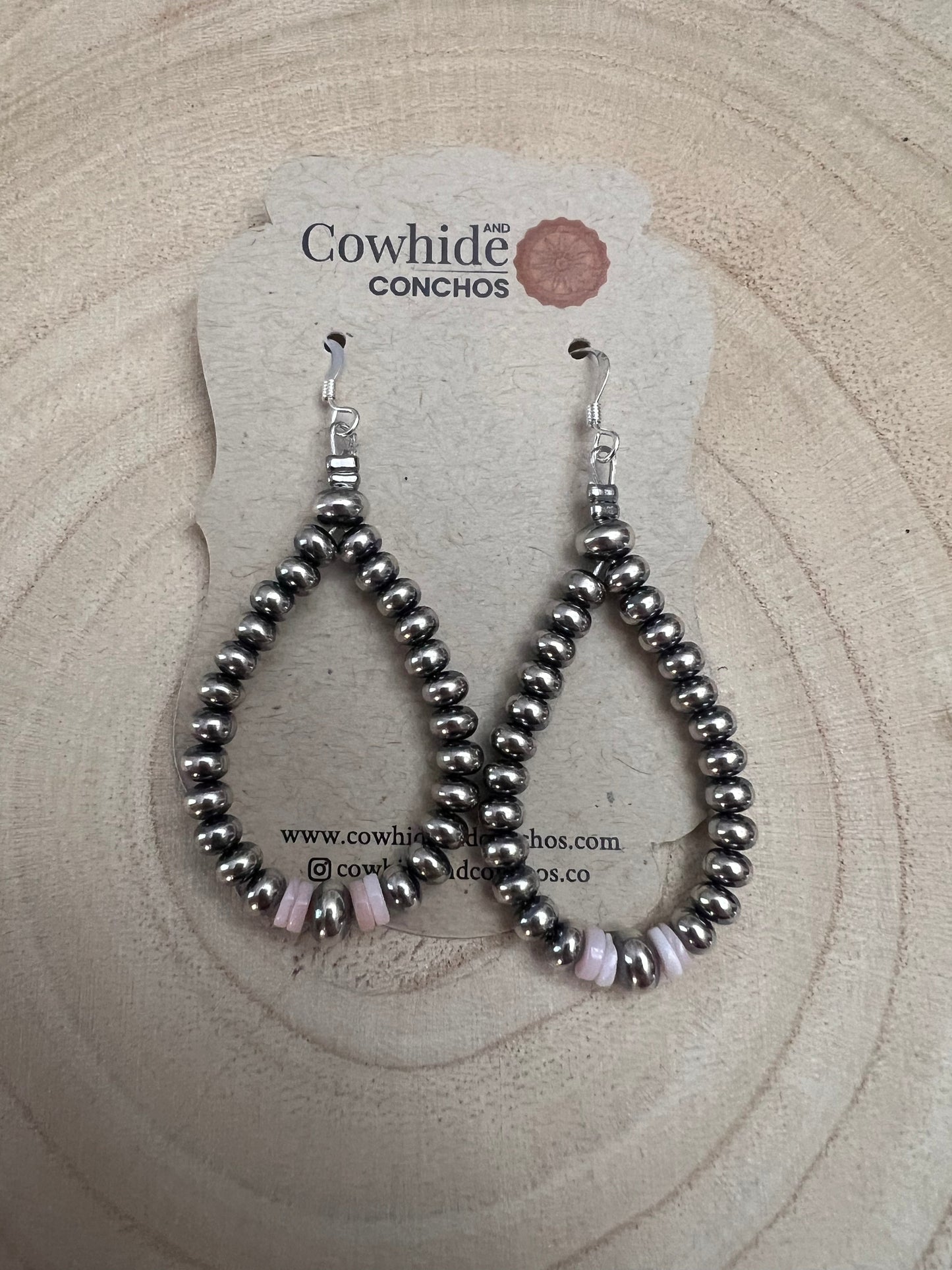 Smaller Sterling Pearl Saucer Teardrop Earrings with Pink Conch — 2.5 inch drop