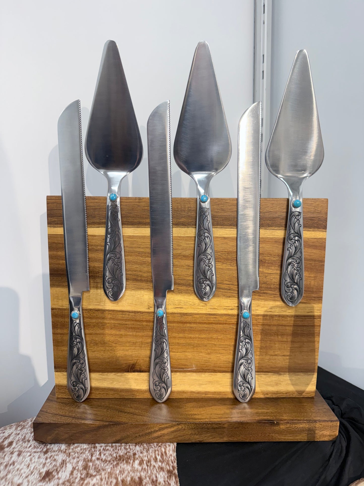 Wedding Cake Serving Set | Genuine Turquoise Engraved Cake Knife and Server - Ready to Ship