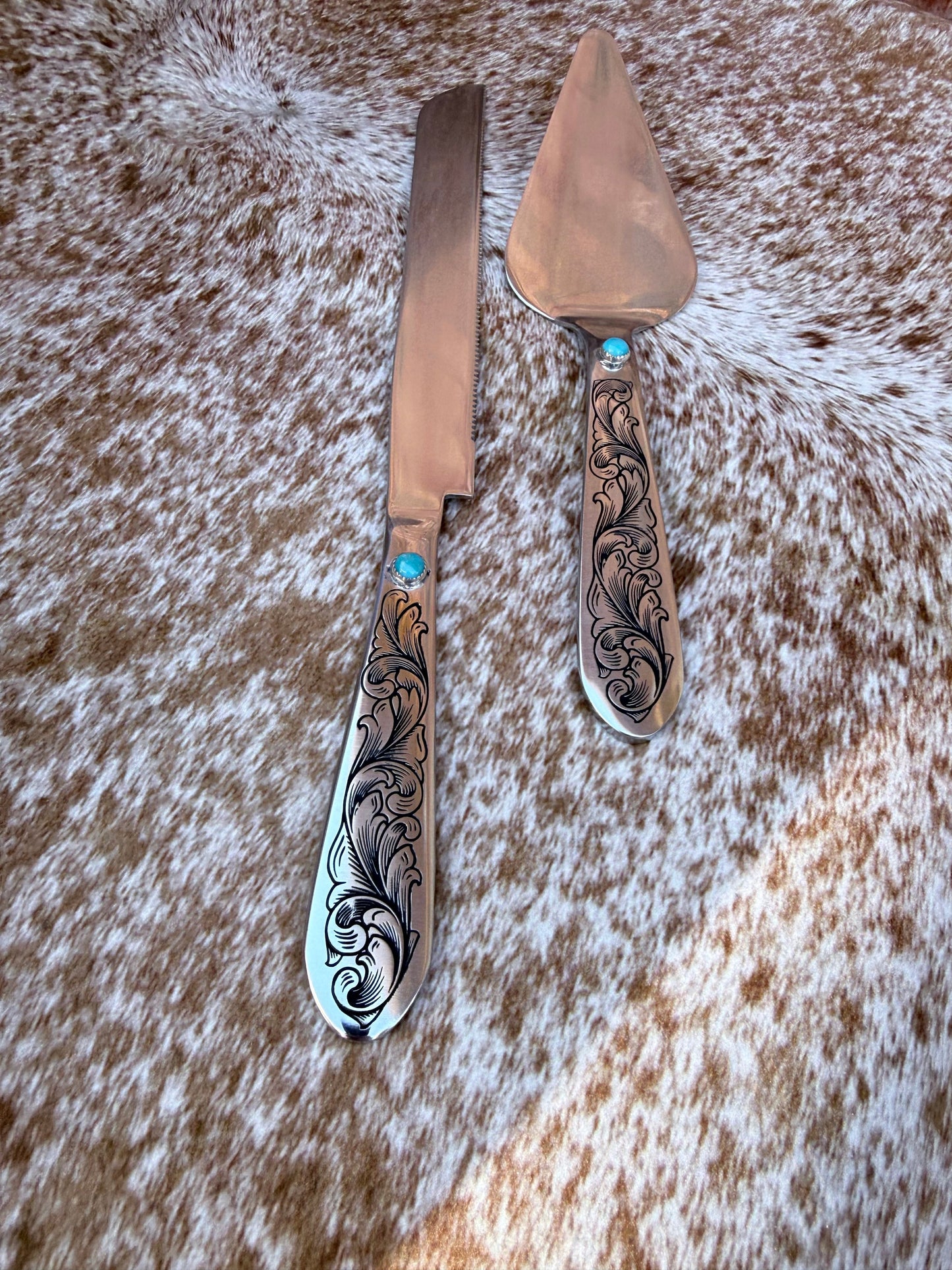Wedding Cake Serving Set | Genuine Turquoise Engraved Cake Knife and Server - Ready to Ship