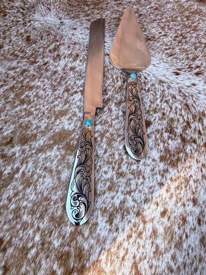 Wedding Cake Serving Set | Genuine Turquoise Engraved Cake Knife and Server - Ready to Ship