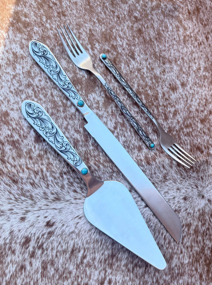 Wedding Cake Serving Set | Genuine Turquoise Engraved Cake Knife and Server - Ready to Ship