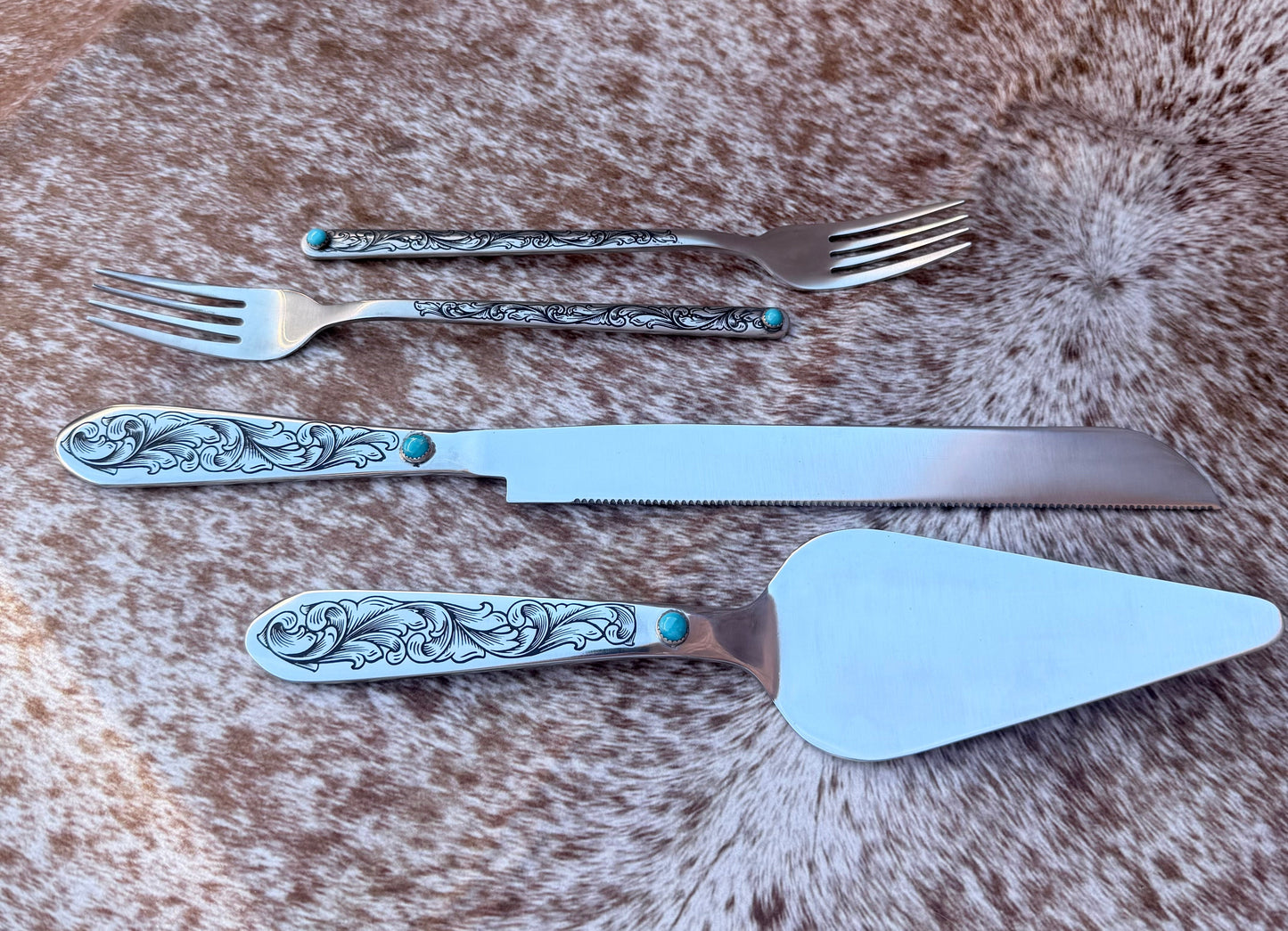 Wedding Cake Serving Set | Genuine Turquoise Engraved Cake Knife and Server - Ready to Ship