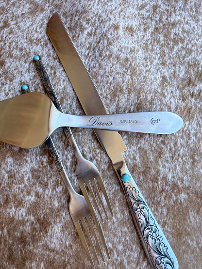 Wedding Cake Serving Set | Genuine Turquoise Engraved Cake Knife and Server - Ready to Ship