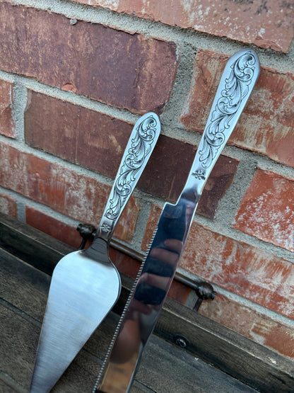 Wedding Cake Serving Set | Engraved Cake Knife and Server (No Turquoise) - Ready to Ship