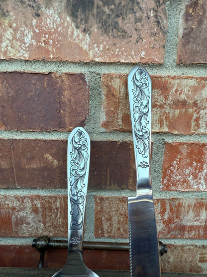 Wedding Cake Serving Set | Engraved Cake Knife and Server (No Turquoise) - Ready to Ship