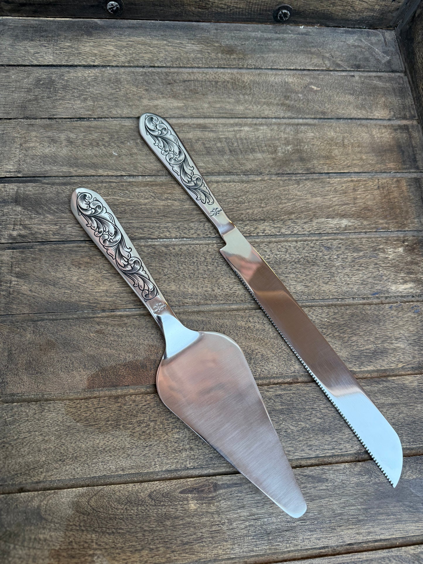 Wedding Cake Serving Set | Engraved Cake Knife and Server (No Turquoise) - Ready to Ship
