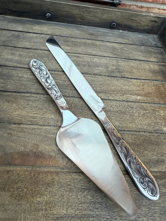 Wedding Cake Serving Set | Engraved Cake Knife and Server (No Turquoise) - Ready to Ship